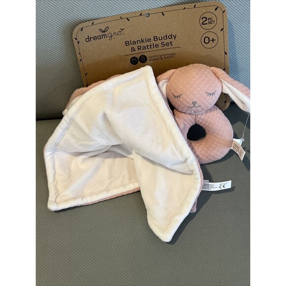 Dream Gro Pink Bunny Lovey Rattle Set Baby Security Blanket Embroidered 2 Pc New - Picture 2 of 4